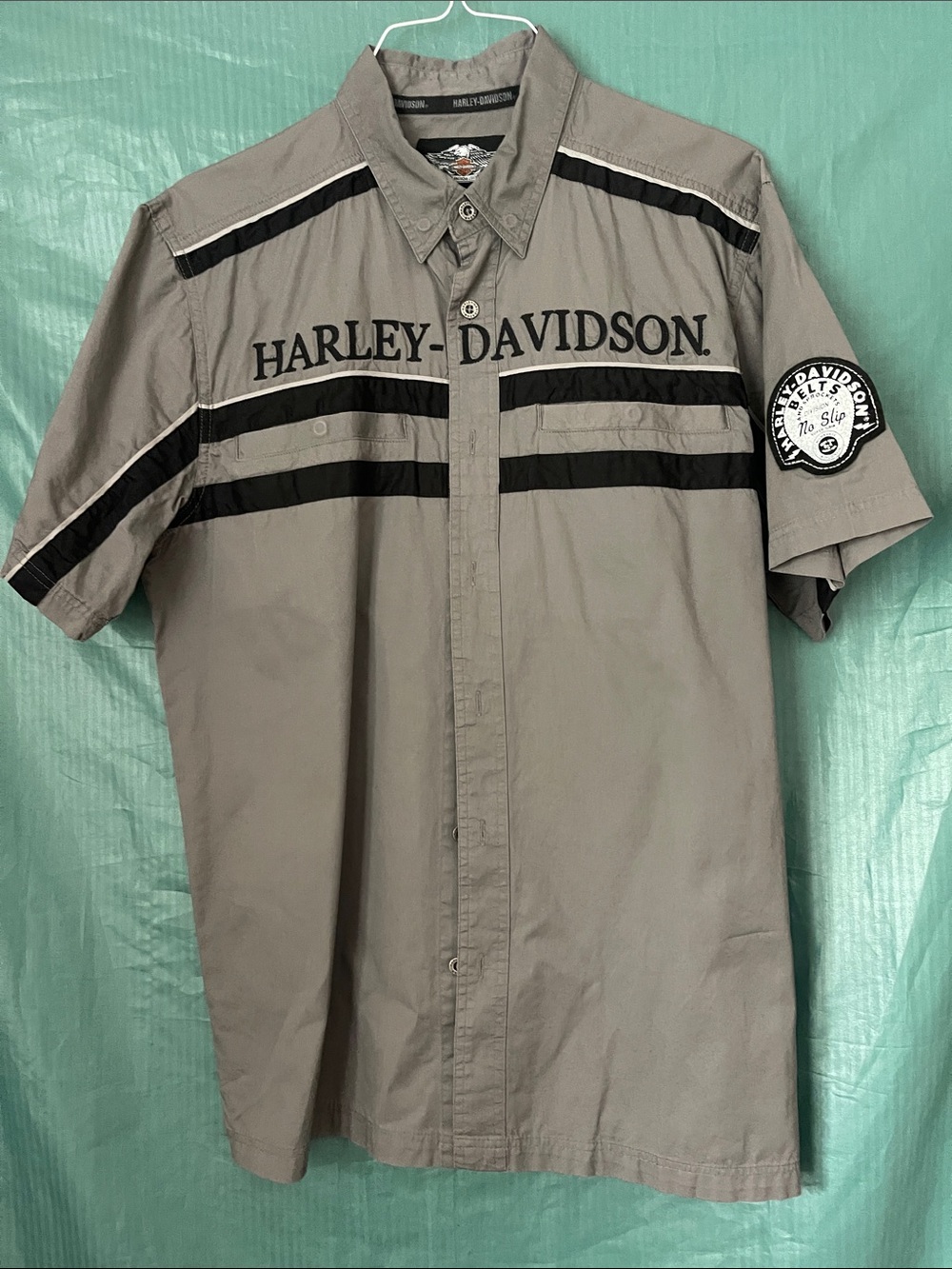 Harley-Davidson Dark Gray Short-Sleeve Button-Down Shirt with Black Stripes
